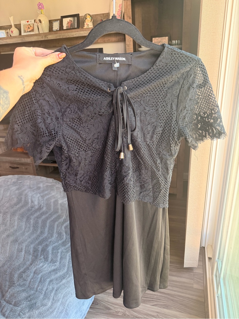 Ashley Mason Black Lace Tie-Front Short Sleeve Dress
